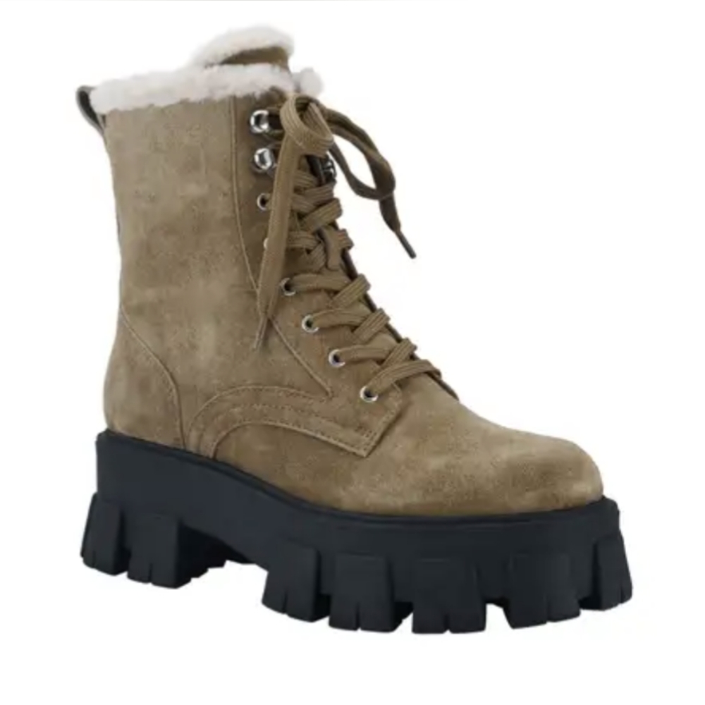 NIB Marc Fisher Happier suede medium brown black lug sole faux fur lined lace up - Picture 1 of 9